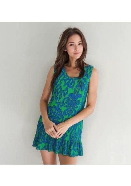 Kadın Desenli Kolsuz Askılı Volanlı Yazlık Viskon Elbise Eteği Fırfırlı