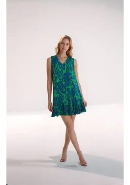 Kadın Desenli Kolsuz Askılı Volanlı Yazlık Viskon Elbise Eteği Fırfırlı fiyatları