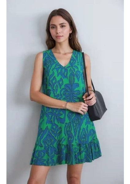 Kadın Desenli Kolsuz Askılı Volanlı Yazlık Viskon Elbise Eteği Fırfırlı modelleri