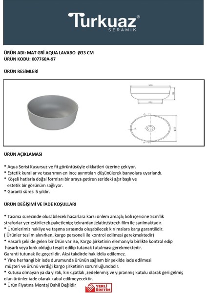 Mat Gri Aqua 33 cm Lavabo fiyatları