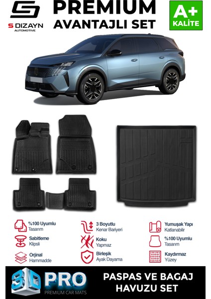 Peugeot 5008 Hybrid 3D Pro Havuzlu Paspas ve Bagaj Havuzu Seti (2'li SET) 2024 Üzeri A+ Kalite