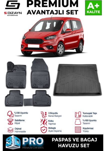 Ford Courier 3D Pro Havuzlu Paspas ve Bagaj Havuzu Seti (2'li SET) 2014-2022 A+ Kalite