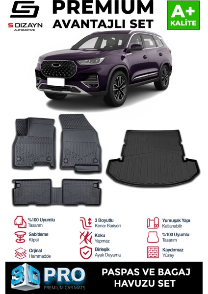 Chery Tiggo 8 Pro 3D Pro Havuzlu Paspas ve Bagaj Havuzu Seti (2'li SET) 2022 Üzeri A+ Kalite