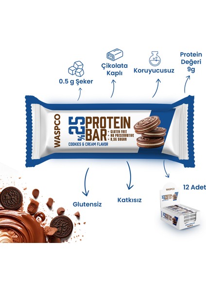 Bitter Çikolata Kaplı Bisküvi Aromalı Protein Bar 36gr x 12 Adet