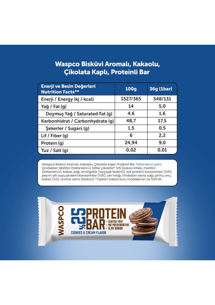 Bitter Çikolata Kaplı Bisküvi Aromalı Protein Bar 36gr x 12 Adet