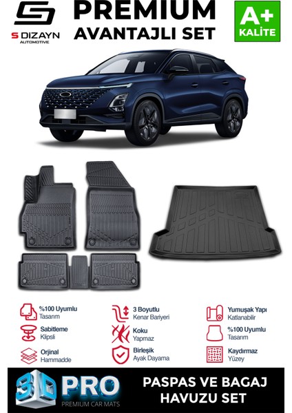 Chery Omoda 5 3D Pro Havuzlu Paspas ve Bagaj Havuzu Seti (2'li Set) 2022 Üzeri A+ Kalite