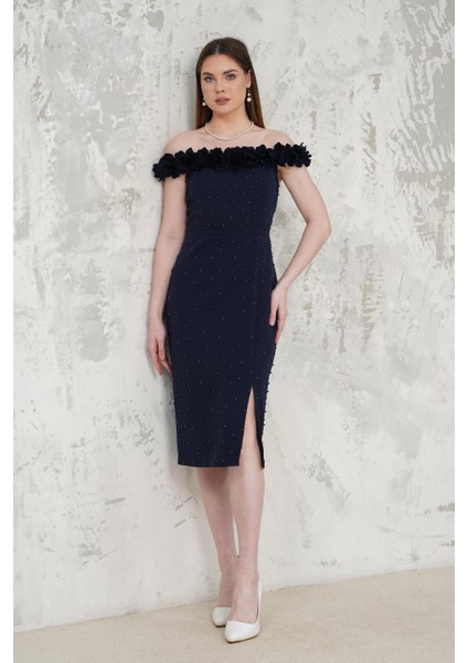 Kayık Yaka Çiçekli Lacivert Abiye Elbise