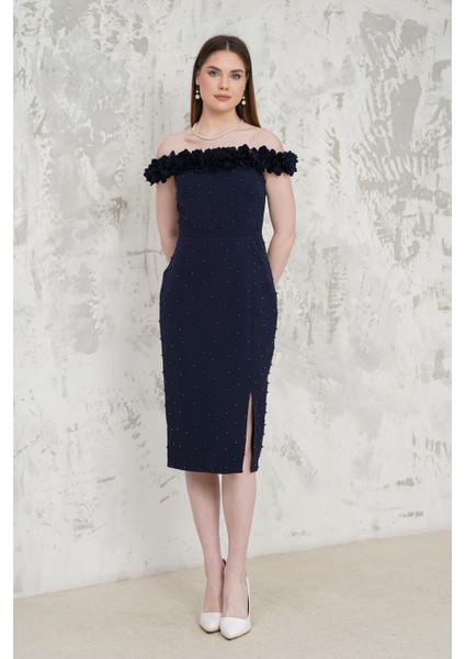 Kayık Yaka Çiçekli Lacivert Abiye Elbise fiyatları