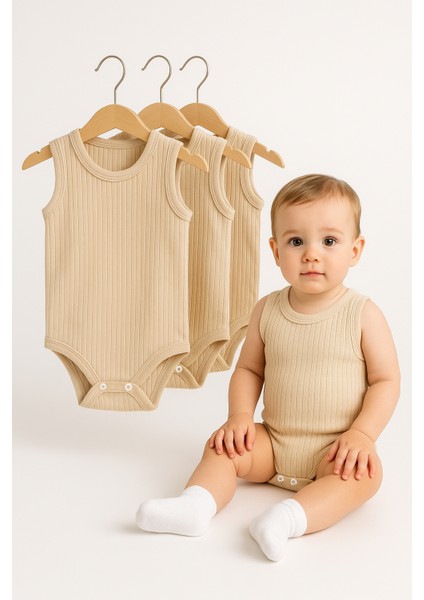 3’lü Fitilli Ribana Çıtçıtlı Bebek Zıbın | Kolsuz Yazlık Pamuklu Body Seti | Unisex Bebek Badi Tulum