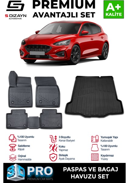 Ford Focus 4 3D Pro Havuzlu Paspas ve Bagaj Havuzu Seti (2'li Set) Tamir Kitli 2019 Üzeri A+ Kalite