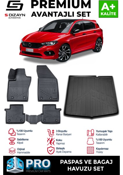 Fiat Egea Hb 3D Pro Havuzlu Paspas ve Bagaj Havuzu Seti (2'li Set) 2015 Üzeri A+ Kalite