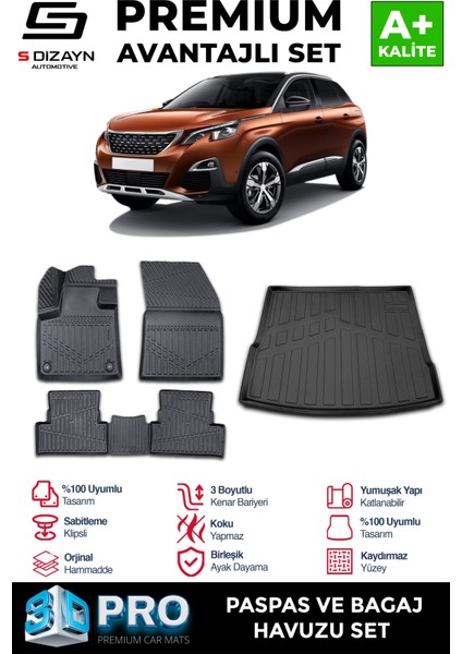 Peugeot 3008 3D Pro Havuzlu Paspas ve Üst Bagaj Havuzu Seti (2'li SET) 2016-2023 A+ Kalite