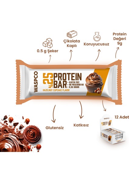 Bitter Çikolata Kaplı Fındıklı Cupcake Aromalı Protein Bar 36gr x 12 Adet