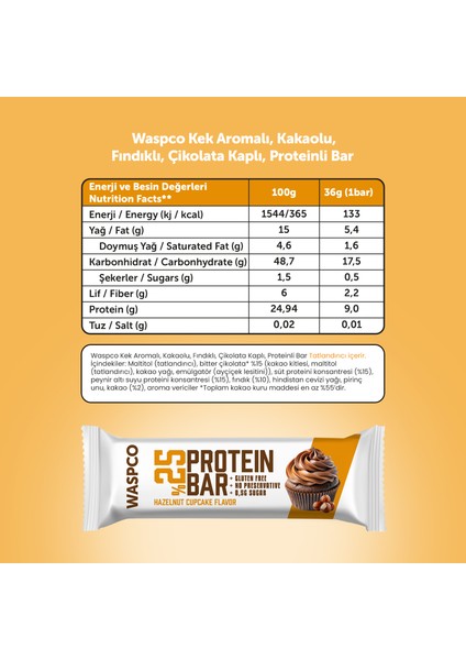 Bitter Çikolata Kaplı Fındıklı Cupcake Aromalı Protein Bar 36gr x 12 Adet