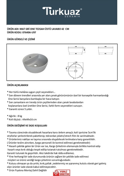 Mat Gri One 42 cm Lavabo (Batarya Delikli) fiyatları