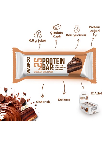 Bitter Çikolata Kaplı Çikolatalı Kek Aromalı Protein Bar 36gr x 12 Adet