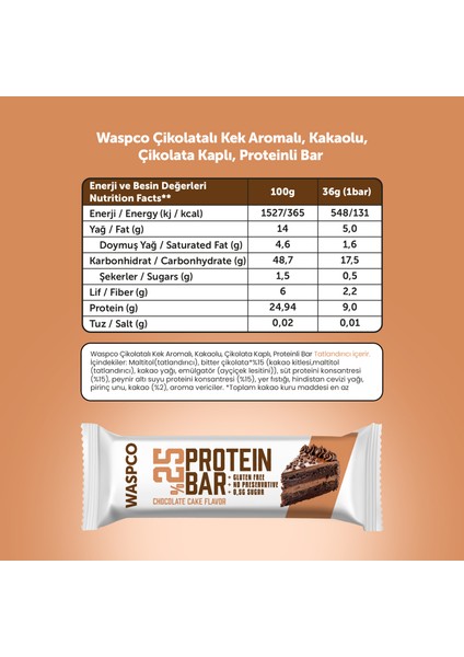 Bitter Çikolata Kaplı Çikolatalı Kek Aromalı Protein Bar 36gr x 12 Adet