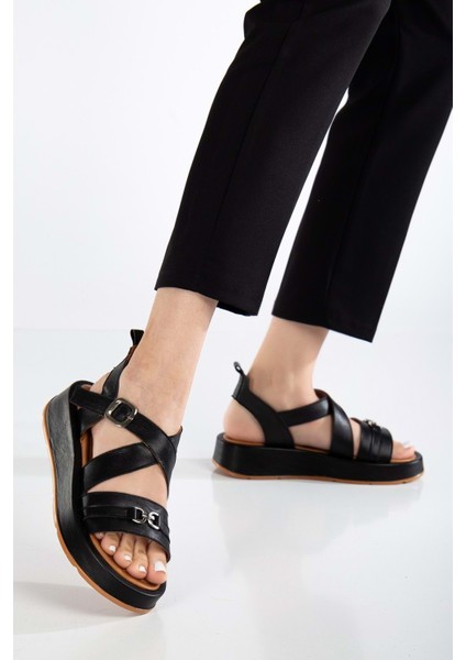 Kadın Deri Çapraz Bilekten Bantlı Günlük Sandalet - Beyaz