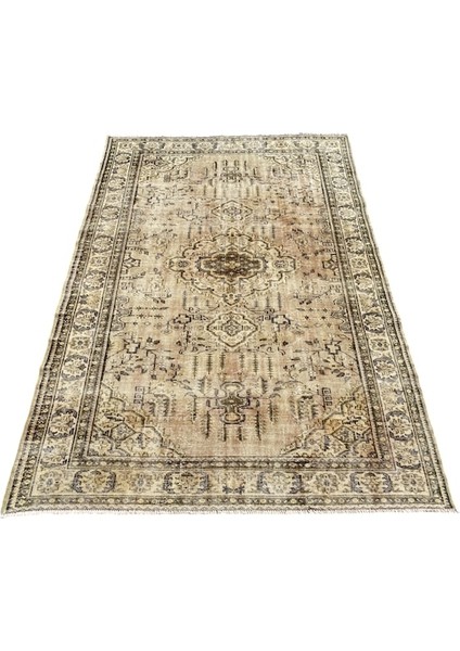 El Dokuma Vintage Eskitme Halı 200 x 285 Krem Yeşil Yün Halı