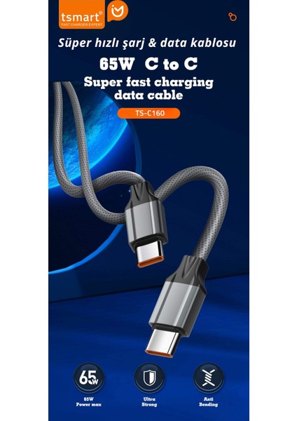 Samsung Xiaomi Oppo Reeder Huawei Için Örgülü 65W Type C To Type C Hızlı Şarj Kablosu
