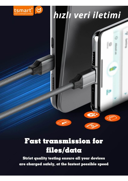 Samsung Xiaomi Oppo Reeder Huawei Için Örgülü 65W Type C To Type C Hızlı Şarj Kablosu