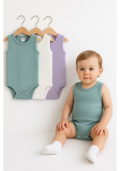 3’lü Fitilli Yeşil-Beyaz-Lila Bebek Zıbın Seti %100 Pamuk Kolsuz Yazlık Body Unisex Çıtçıtlı Ribana
