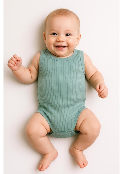 3’lü Fitilli Yeşil-Bej-Lila Bebek Zıbın Seti Pamuklu Kolsuz Çıtçıtlı Yazlık Body Unisex Yazlık Badi