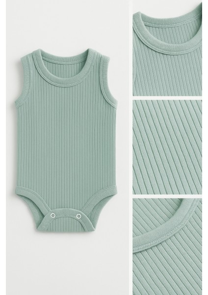3’lü Fitilli Yeşil-Bej-Lila Bebek Zıbın Seti Pamuklu Kolsuz Çıtçıtlı Yazlık Body Unisex Yazlık Badi