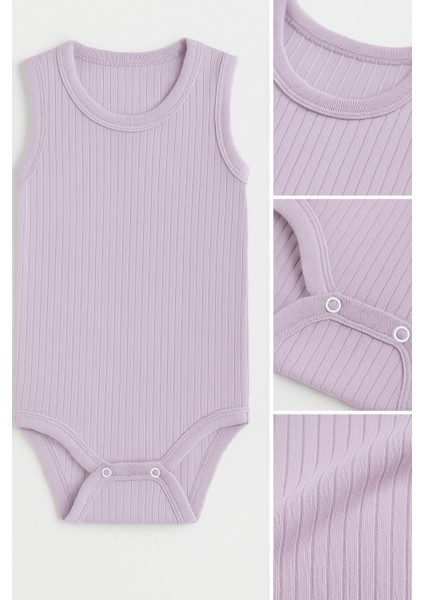 3’lü Fitilli Yeşil-Bej-Lila Bebek Zıbın Seti Pamuklu Kolsuz Çıtçıtlı Yazlık Body Unisex Yazlık Badi