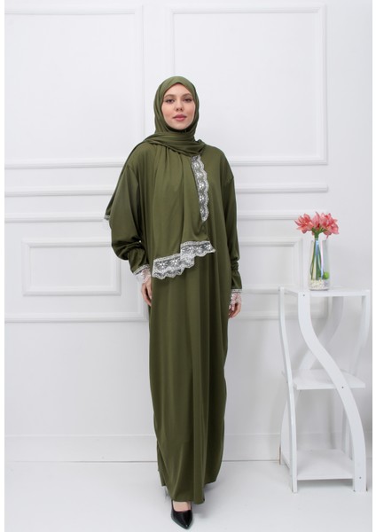 Tek Parça Başörtülü Dantelli Kadın Namaz Elbisesi