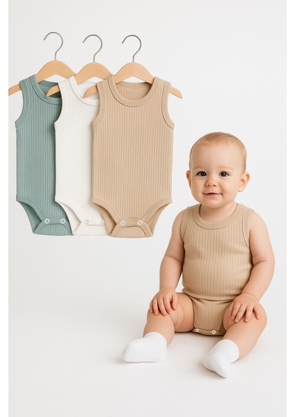 3’lü Fitilli Bej-Beyaz-Yeşil Bebek Zıbın Seti Pamuklu Kolsuz Çıtçıtlı Yazlık Body Unisex Badi Takımı