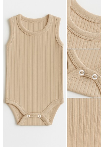 3’lü Fitilli Bej-Beyaz-Yeşil Bebek Zıbın Seti Pamuklu Kolsuz Çıtçıtlı Yazlık Body Unisex Badi Takımı fırsatları