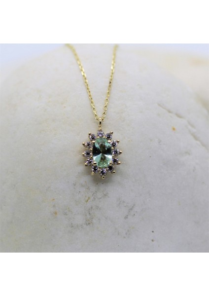 Gümüş Kolye - Green Topaz 0,90 CT (Nano Yeşim Taşı) 0,24 CT Pırlanta 925 Ayar Gümüş Kolye-Hediye Gümüş Kolye