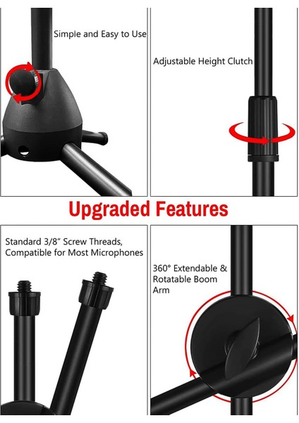 180CM Maksimum Uzunluk Mikrofon Standı Multi Fonksiyonel 2in1 Microphone ve Telefon Stant Katlanabilir Açısı Ayarlanabilir Zemin Üstü - Model 103