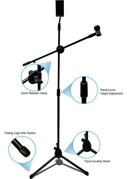 190CM Maksimum Uzunluk Mikrofon Standı Multi Fonksiyonel 2in1 Microphone ve Tablet Stant Katlanabilir Açısı Ayarlanabilir Zemin Üstü - Model 103SP