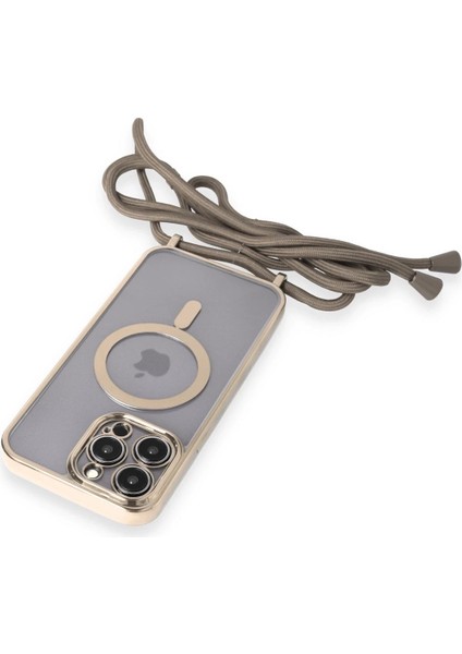 Apple iPhone 13 Pro Max Kılıf Divo Lazer Askılı Magsafe Kapak - Gold Zrnet