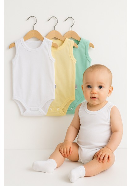 3’lü Beyaz-Sarı-Yeşil Bebek Zıbın Seti | Pamuklu Kolsuz Çıtçıtlı Yazlık Body | Unisex Bebek Badi