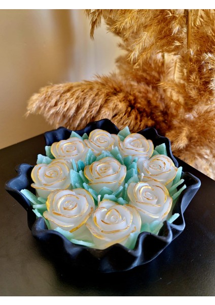 Siyah Saksıda Gül Buketi Mum-Solmayan Beyaz & Gold Gül Buketi & Özel Tasarım Mum (20*5 cm 1040 Gr.) indirimleri