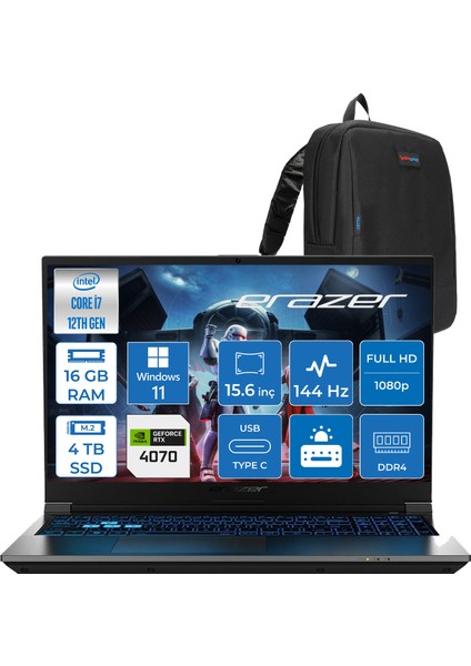 Deputy P60 Intel Core I7 12650H 16GB 4tb SSD Windows 11 Pro 8gb RTX4070 15.6" Fullhd IPS 144Hz 300NITS %99 Srgb Taşınabilir Bilgisayar MD62684P05 + Zetta Çanta