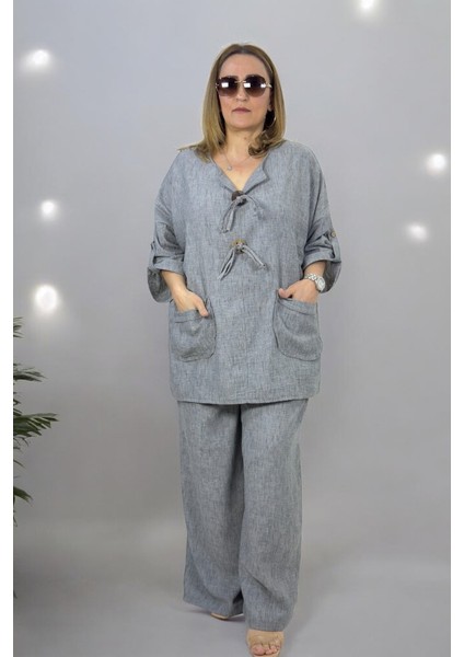 Flamlı Ince Keten Önden Düğme Detaylı Tunik Beli Lastikli Pantolon Büyük Beden Ikili Takım