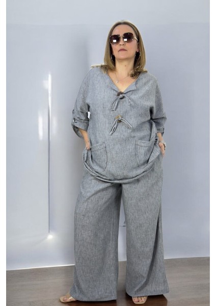Flamlı Ince Keten Önden Düğme Detaylı Tunik Beli Lastikli Pantolon Büyük Beden Ikili Takım fiyatları