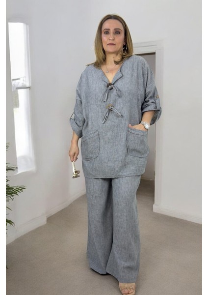 Flamlı Ince Keten Önden Düğme Detaylı Tunik Beli Lastikli Pantolon Büyük Beden Ikili Takım indirimleri
