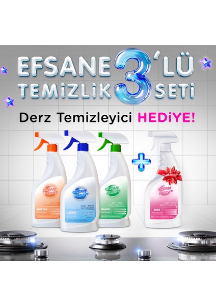 Clean Plus+ Efsane 3'lü Temizlik Seti Mutfak Temizleyici, Leke Çıkarıcı ve Banyo Temizleyici