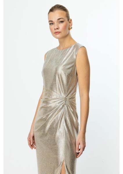 Kadın Parlak Kumaş Maxi Boy Abiye Elbise 5092 Gold