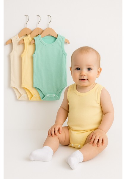3’lü Bej-Sarı-Yeşil Bebek Zıbın Seti | Pamuklu Kolsuz Çıtçıtlı Yazlık Body | Unisex Bebek Badi