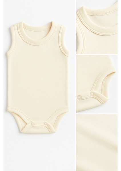 3’lü Bej-Sarı-Yeşil Bebek Zıbın Seti | Pamuklu Kolsuz Çıtçıtlı Yazlık Body | Unisex Bebek Badi