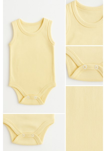 3’lü Bej-Sarı-Yeşil Bebek Zıbın Seti | Pamuklu Kolsuz Çıtçıtlı Yazlık Body | Unisex Bebek Badi