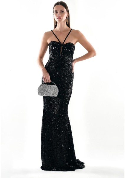 Kadın Pul Payet Göğüs Dekolteli Saten Askılı Maksi Boy Abiye Elbise 58004 Siyah fiyatları