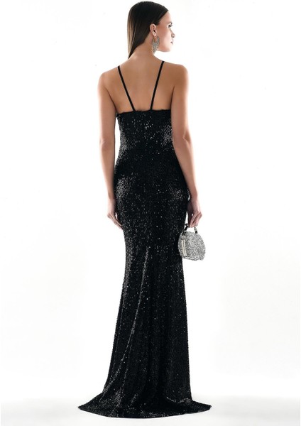 Kadın Pul Payet Göğüs Dekolteli Saten Askılı Maksi Boy Abiye Elbise 58004 Siyah fırsatları