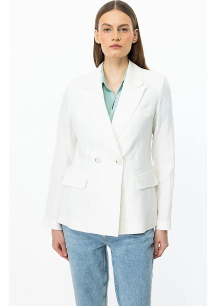 Kadın Kruvaze Yaka Keten Ceket 4018 Ekru
